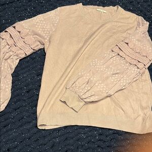 Sioni Pink and Purple Crew Neck Sweater with Cable Knit Sleeves